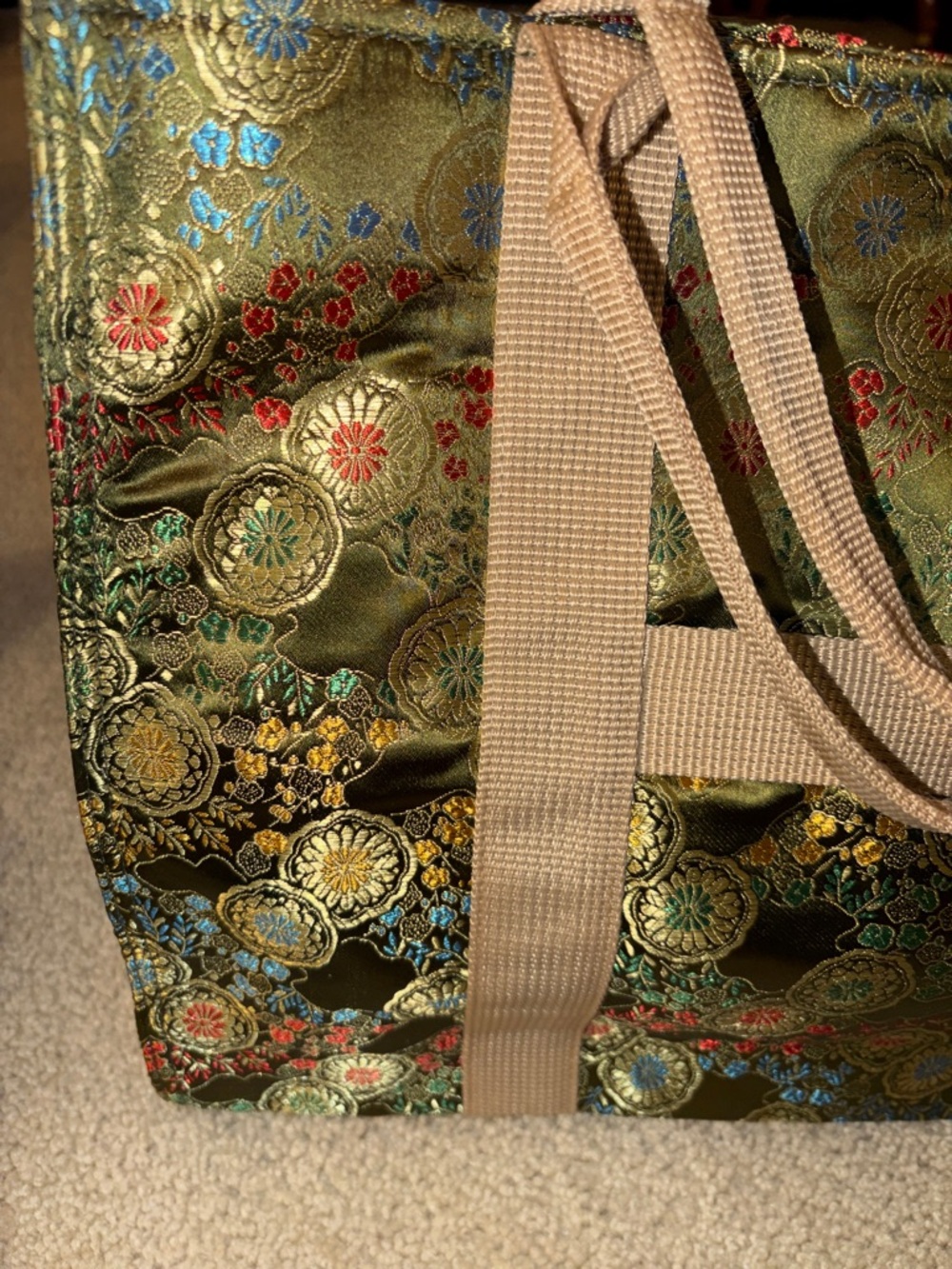 Oriental Olive Green Vibrant Floral Jacquard Satin Tote Bag with Beige Straps - Picture 2 of 16
